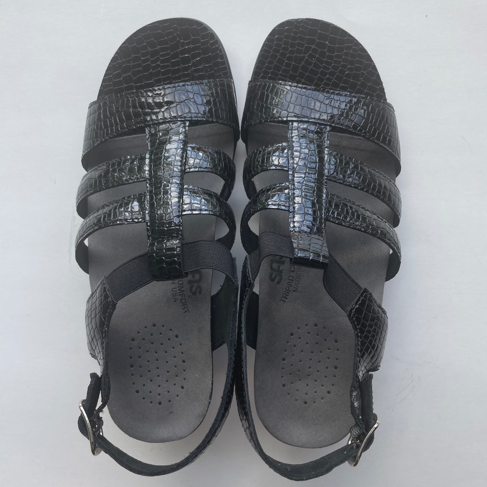 SAS Alegro Heeled Sandal 6.5‎ M Black Croc Leather Ankle Strap Comfort Shoes NEW
